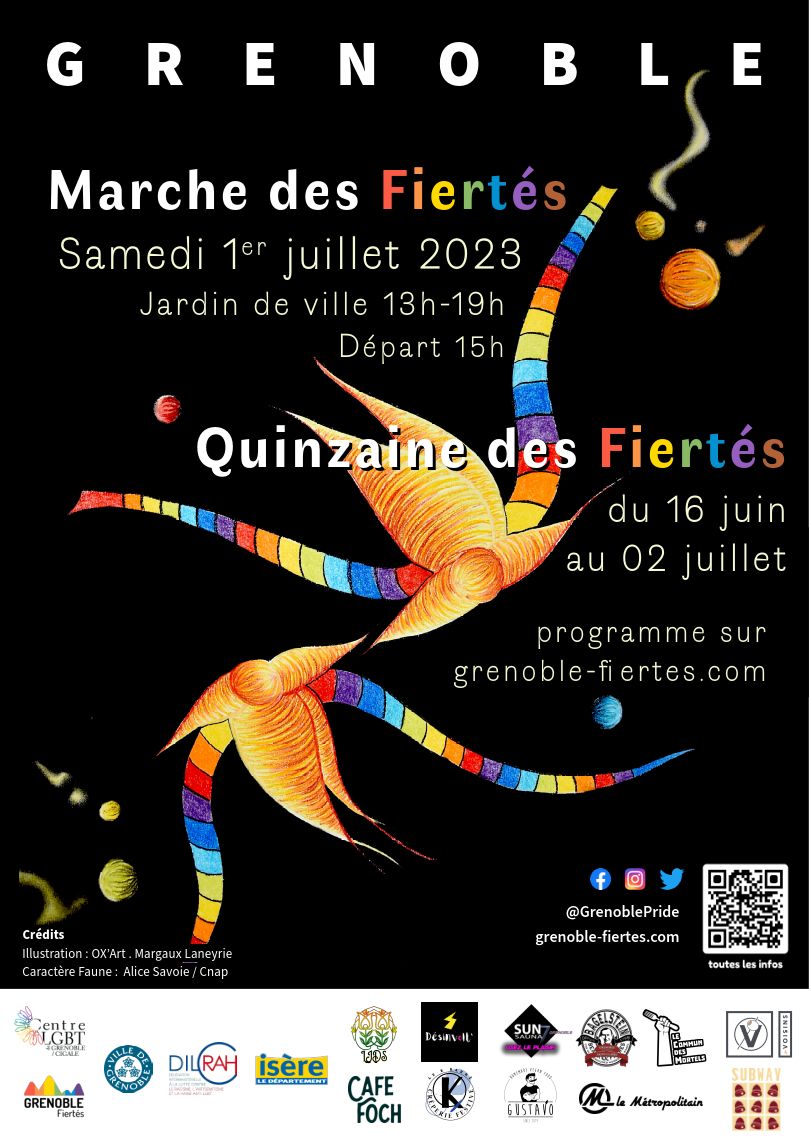 Affiche pour la Marche des Fiertés de Grenoble. Au centre de l'affiche, une illustration abstraite qui ressemble à des personnes multicolores qui dansent. En bas de l'affiche, les partenaires.